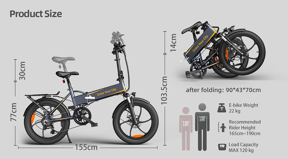 ADO A20 XE 250W Electric Bike Folding Frame 7-Speed Gears Removable 10.4 AH Lithium-Ion Battery E-bike - Grey
