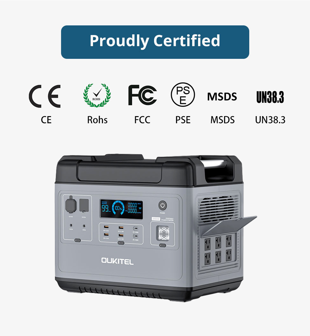 OUKITEL P2001 2000W Portable Power Station, 2000Wh LiFePO4 Battery 3500+ Cycles Pure Sine Wave AC Sockets, Cigar Lighter XT60 DC5521 USB QC3.0 USB-C PD 100W, Super Fast Recharge Durable Generator for Home Outdoor Camping Barbeque Party Solar Battery