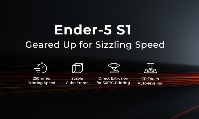 Imprimante 3D Creality Ender-5 S1, 250 mm/s, extrudeuse directe Sprite, impression à 300 degrés Celsius, mise à niveau automatique CR Touch, cadre cube stable, écran tactile 4,3 pouces, 220 x 220 x 280 mm
