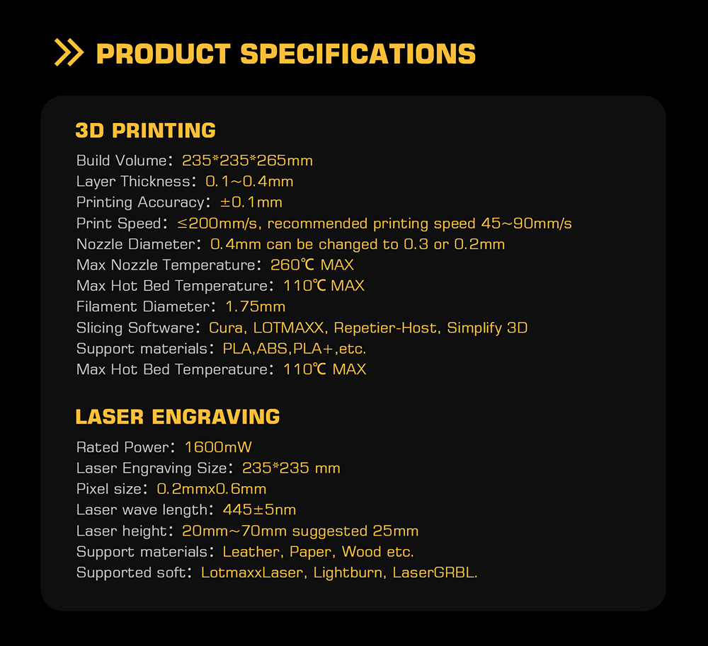 LOTMAXX Shark V3 3D Printer Laser Engraver, Auto Leveling, Dual Extruder, Dual-Color Printing, Glass Build Plate, 235*235*265mm - Grey