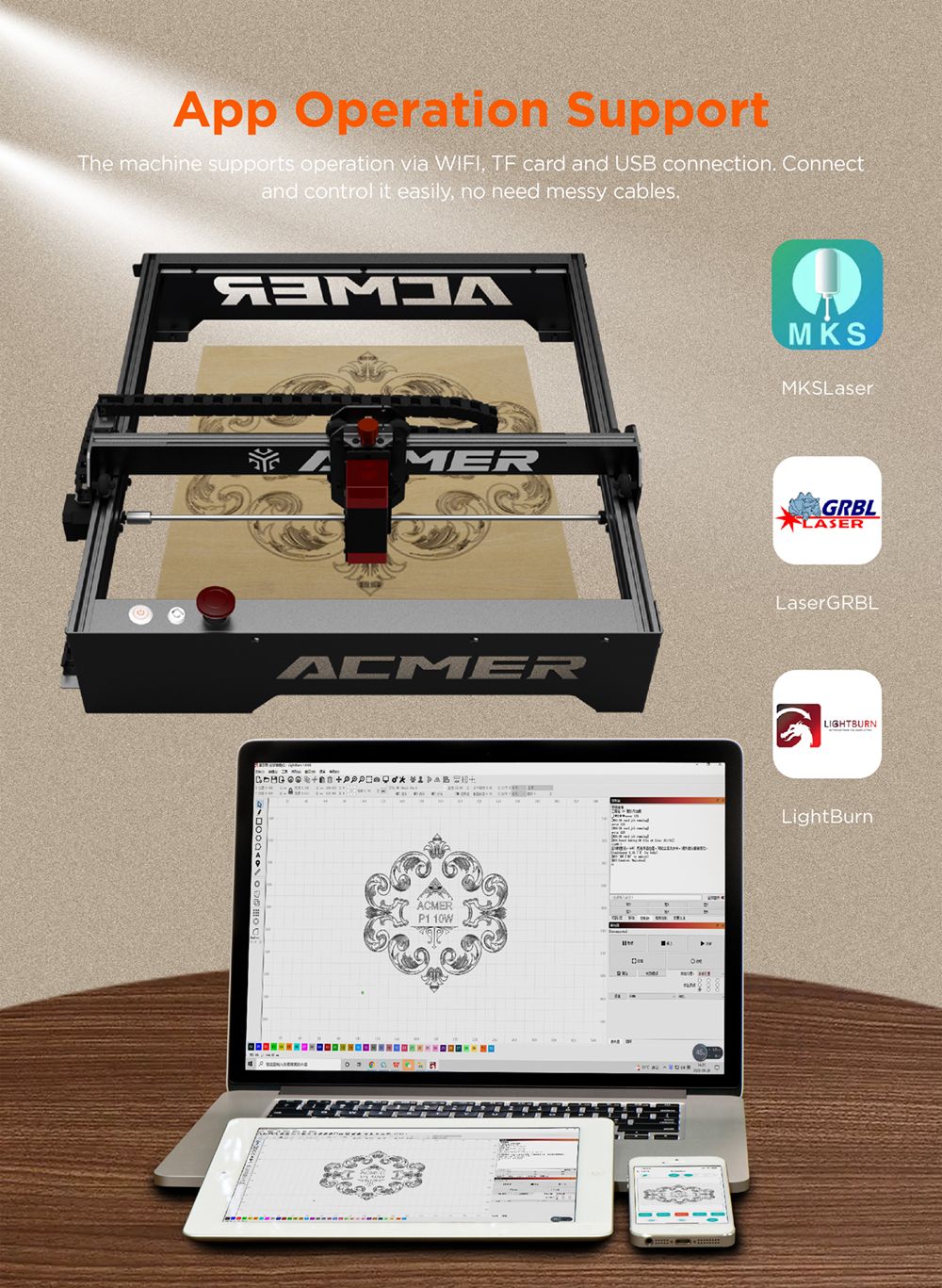 ACMER-P1 10W Laser Engraver Cutter, 0.06x0.08mm Spot, 10000mm/min Engraving Speed, Offline Engraving, 32-bit Motherboard, 400x410mm