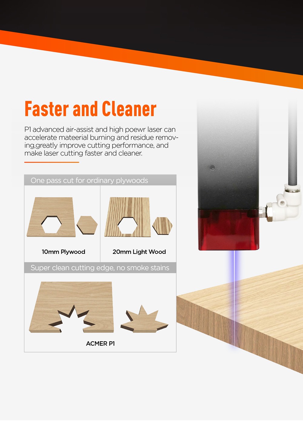 ACMER-P1 10W Laser Engraver Cutter, 0.06x0.08mm Spot, 10000mm/min Engraving Speed, Offline Engraving, 32-bit Motherboard, 400x410mm