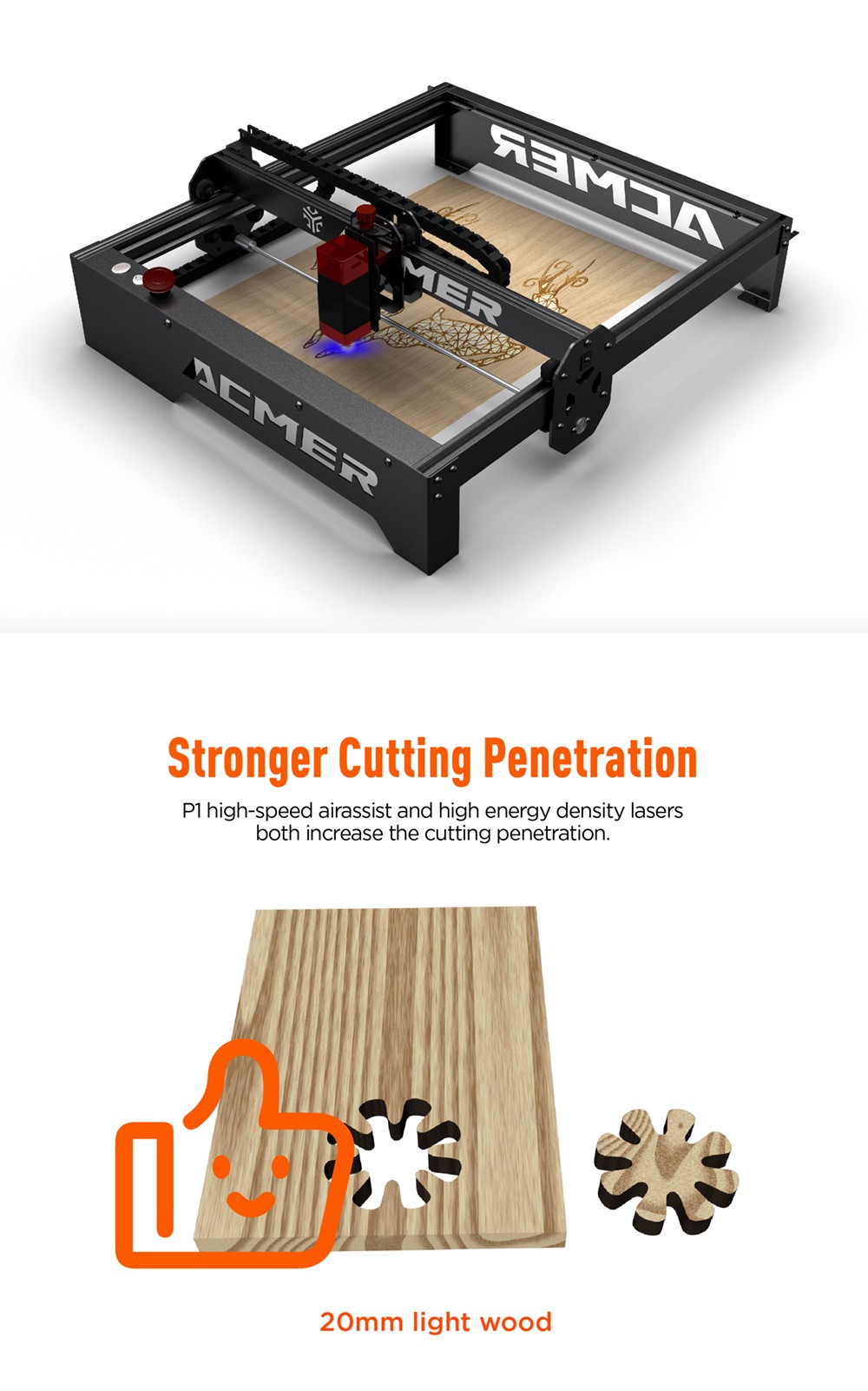 ACMER-P1 10W Laser Engraver Cutter, 0.06x0.08mm Spot, 10000mm/min Engraving Speed, Offline Engraving, 32-bit Motherboard, 400x410mm