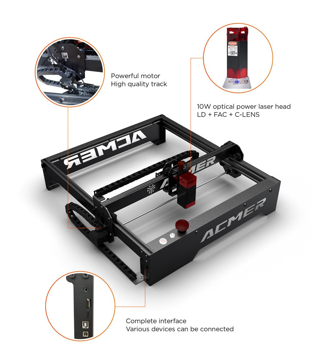 ACMER-P1 10W Laser Engraver Cutter, 0.06x0.08mm Spot, 10000mm/min Engraving Speed, Offline Engraving, 32-bit Motherboard, 400x410mm