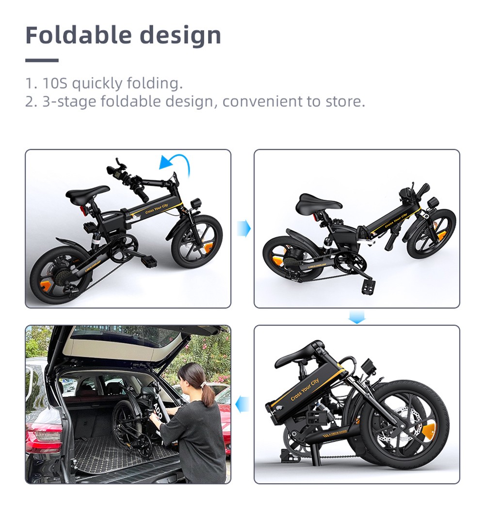 ADO A16 XE Folding Electric Bike 250W Geared Hub Motor 36V 7.5Ah Battery For 43 Mile Range 25km/h Max Speed - Grey 27 ADO A16 XE Folding Electric Bike 250W Geared Hub Motor 36V 7.5Ah Battery for 43 Mile Range 25km/h Max Speed - Grey
