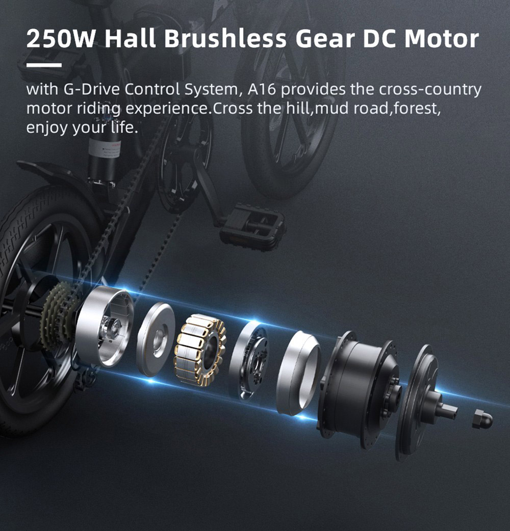 ADO A16 XE Folding Electric Bike 250W Geared Hub Motor 36V 7.5Ah Battery for 43 Mile Range 25km/h Max Speed - White