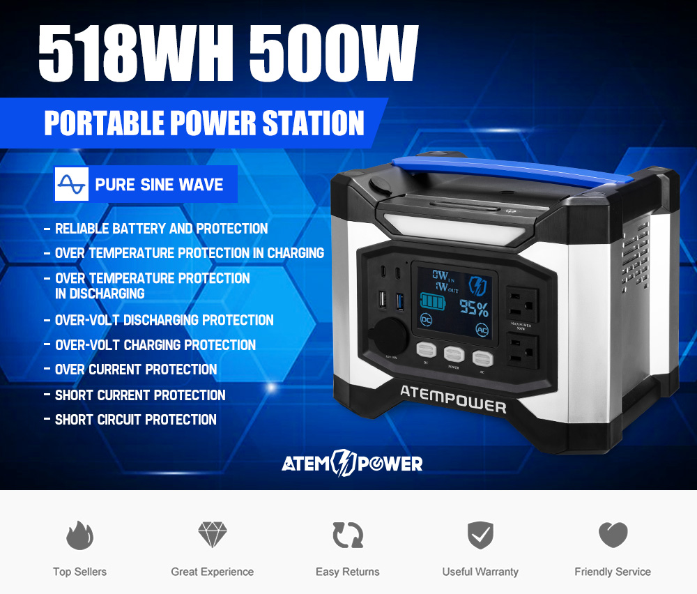 ATEM POWER AP500X Portable Power Station, 518Wh/140000mAh Solar Generator, 500W 110V AC Pure Sine Wave Inverter, 6 Outlets