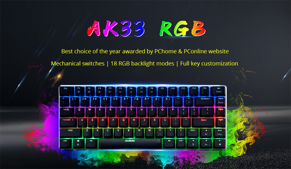 Ajazz AK33RGB 82keys Anti-ghosting Ergonomic Mechanical Keyboard Durable RGB Backlight Blue Switch - Black
