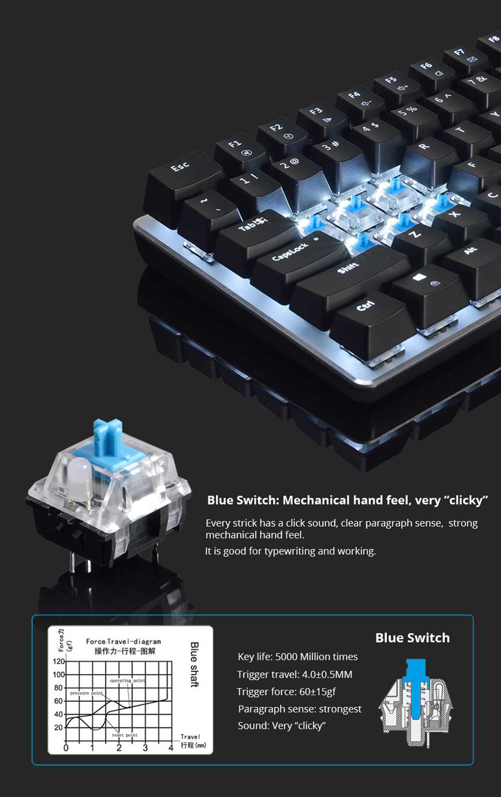 Ajazz AK33RGB 82keys Anti-ghosting Ergonomic Mechanical Keyboard Durable RGB Backlight Blue Switch - Black
