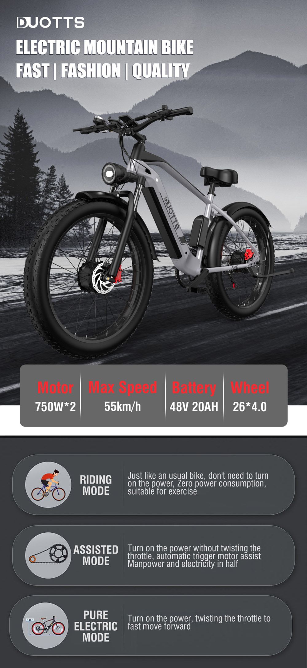 DUOTTS F26 Electric Bike 750W*2 Dual Motors LG 20Ah Battery 26*4.0 Fat Tire 55km/h Max Speed 55 Degree Climbing - Black