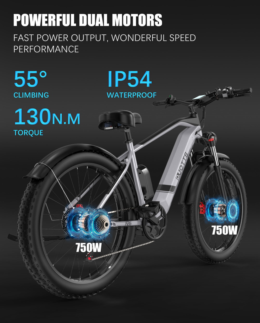 DUOTTS S26 Electric Bike 750W*2 Motors 50km/h Max Speed 26*4.0 inch Inflatable Fat Tires 48V 19.2Ah LG Battery 120km Range Shimano 7-Speed 150kg Max Load