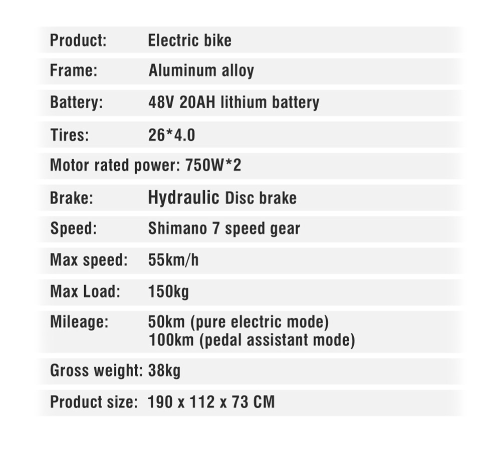 DUOTTS F26 Electric Bike 750W*2 Dual Motors LG 20Ah Battery 26*4.0 Fat Tire 55km/h Max Speed 55 Degree Climbing - Black