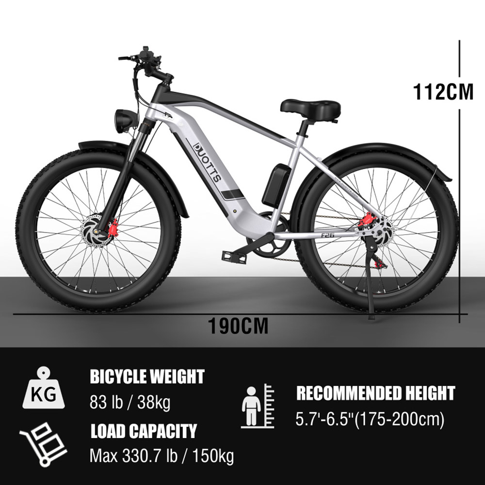 DUOTTS F26 Electric Bike 750W*2 Dual Motors LG 20Ah Battery 26*4.0 Fat Tire 55km/h Max Speed 55 Degree Climbing - Silver