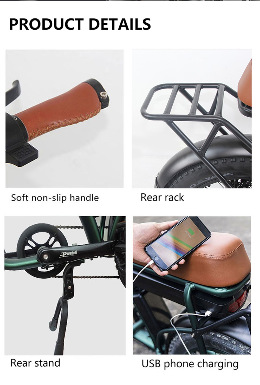 GOGOBEST GF750 Electric Bicycle 1000W*2 Dual Motors 50Km/h Max Speed 48V 17.5Ah Battery 20*4.0 Inch Fat Tire Shimano 7-Speed Gear With USB Phone Charging 200KG Max Load - Army Green 21 GOGOBEST GF750 Electric Bicycle 1000W*2 Dual Motors 48V 17.5Ah Battery 20*4.0'' Tire Shimano 7-Speed Gear - Army Green