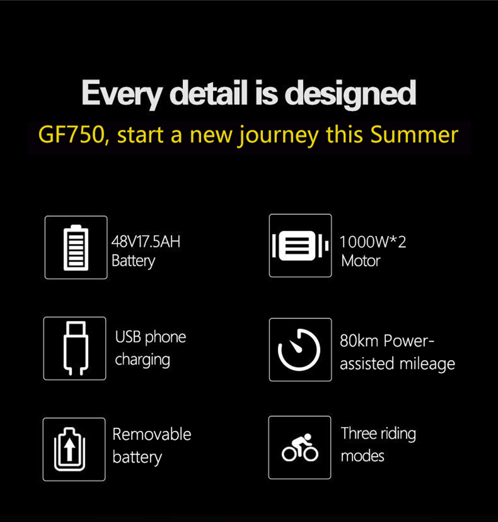 GOGOBEST GF750 Electric Bicycle 1000W*2 Dual Motors 50Km/h Max Speed 48V 17.5Ah Battery 20*4.0 Inch Fat Tire Shimano 7-Speed Gear With USB Phone Charging 200KG Max Load - Blue 13 GOGOBEST GF750 Electric Bicycle 1000W*2 Dual Motors 48V 17.5Ah Battery 20*4.0'' Tire Shimano 7-Speed Gear - Blue