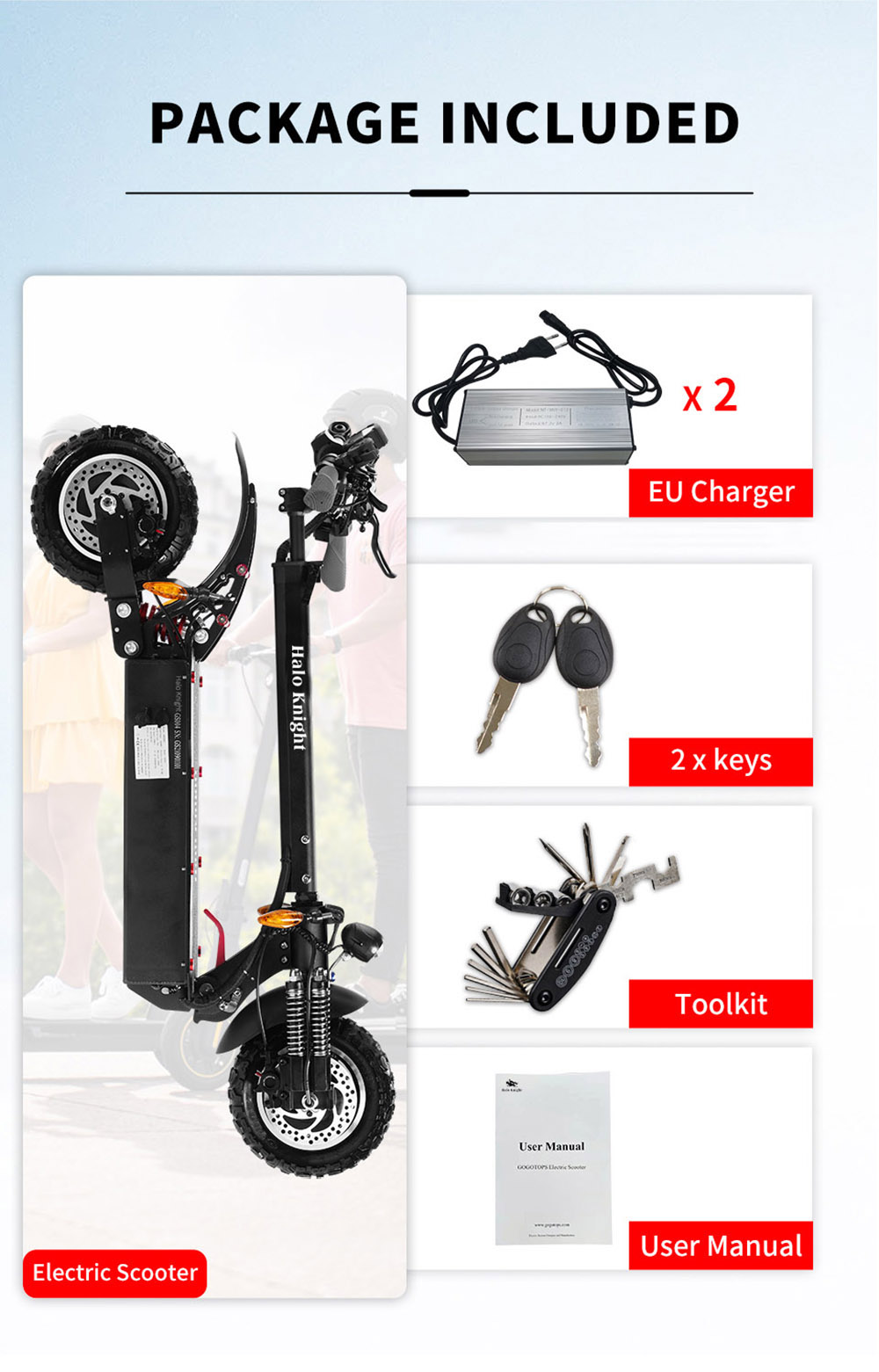 Halo Knight T104 Electric Scooter 10'' Off-road Tire 1000W*2 Dual Motor 65km/h Max Speed 52V 38.4Ah Battery 80km Range