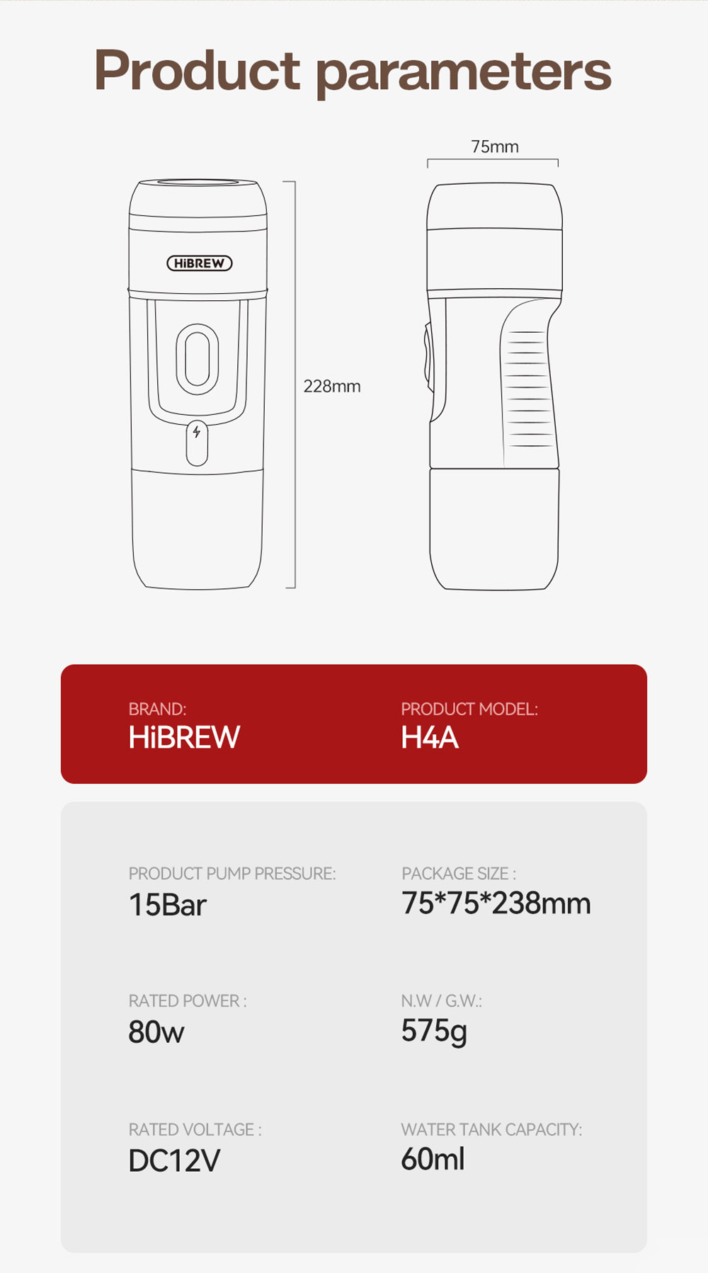 HiBREW H4A 80W prenosný kávovar do auta s darčekovou krabičkou, DC 12V 15 bar extrakcia, horúci/studený kávovar 3 v 1 s viacerými kapsulami