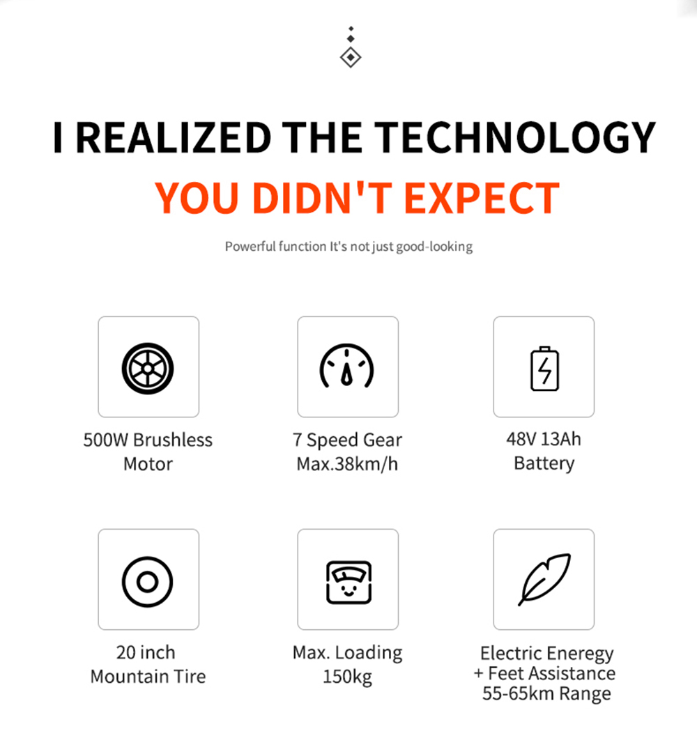 KUGOO T01 Electric Bicycle 48V 500W Motor 13Ah Battery 20X4.0 inch Hydraulic Brakes 50-65KM Mileage 150KG Load - White