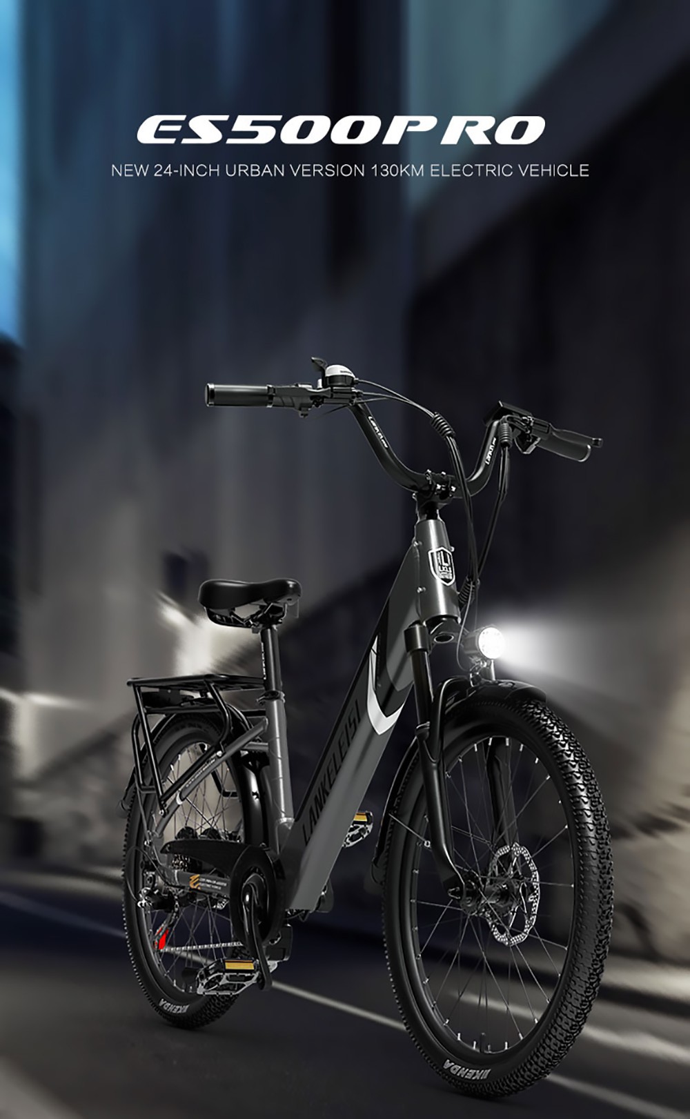 LANKELEISI ES500PRO Electric Bike 500W Motor 48V 16Ah Battery 24'' Tire 32km/h Max Speed Shimano 7 Speed Gear - Grey