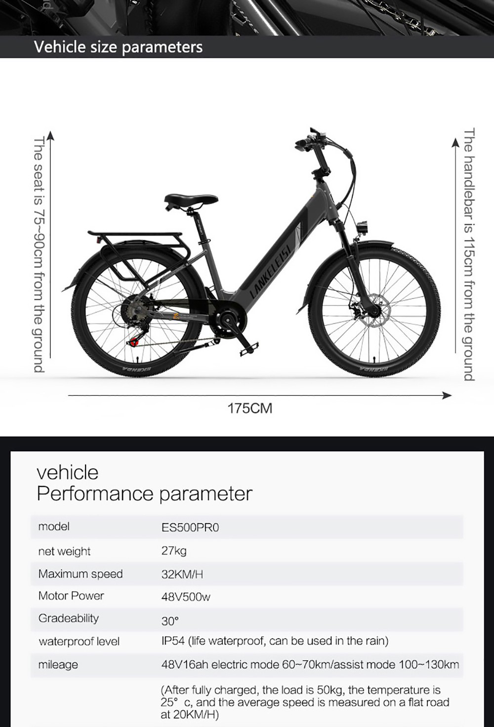 LANKELEISI ES500PRO Elektrobicykel 500W motor 48V 16Ah batéria 24'' pneumatika 32km/h max. rýchlosť Shimano 7 rýchlostí - sivý