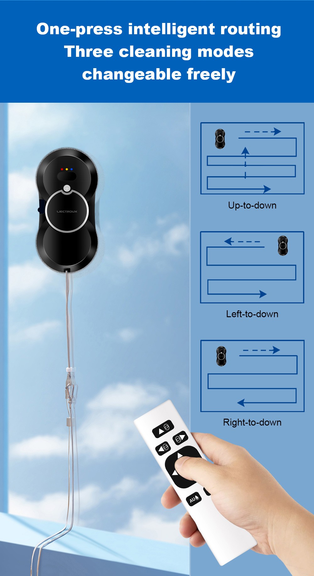 Robotický čistič oken Liectroux HCR-10, nádržka na vodu 30 ml, ultrazvukové postřikování vodou, sání 2800 Pa, ultra tenké tělo 6,8 cm