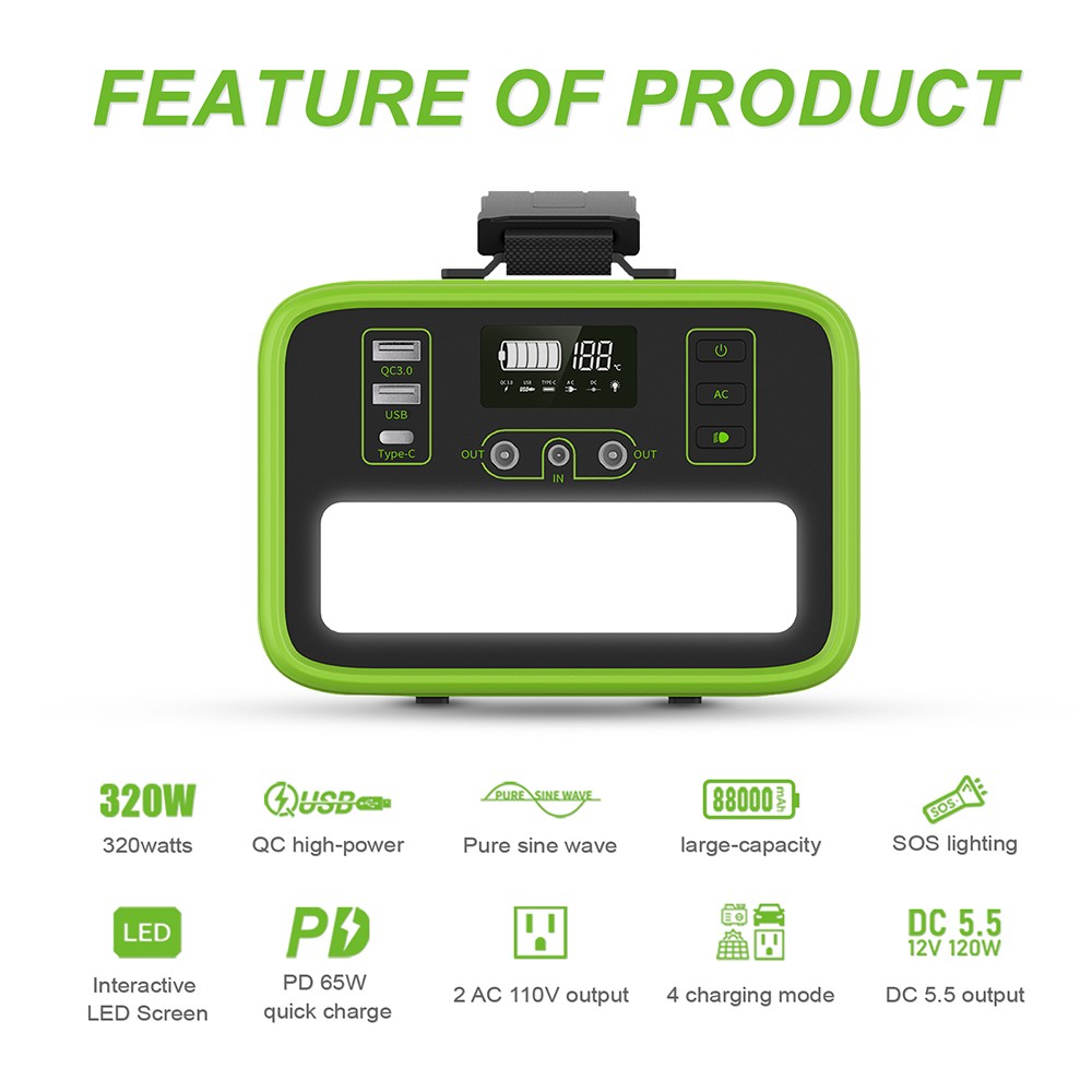 NECESPOW N300 320W Portable Power Station, 281Wh/88000mAh LiFePo4 Battery Solar Generator, Pure Sine Wave AC Outlet, PD 65W Charging, LED Flashlight, 7 Outputs