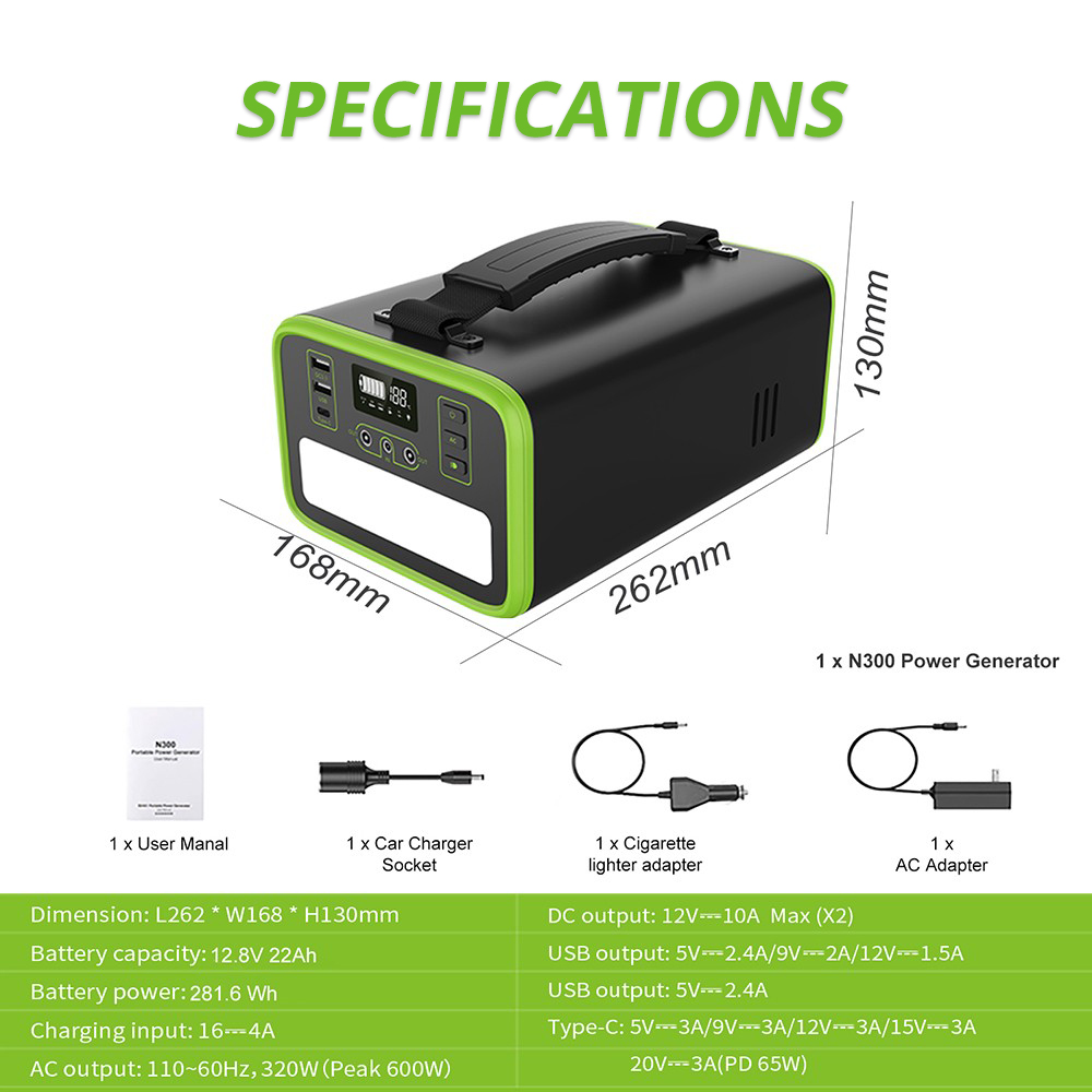 NECESPOW N300 320W Portable Power Station, 281Wh/88000mAh LiFePo4 Battery Solar Generator, Pure Sine Wave AC Outlet, PD 65W Charging, LED Flashlight, 7 Outputs
