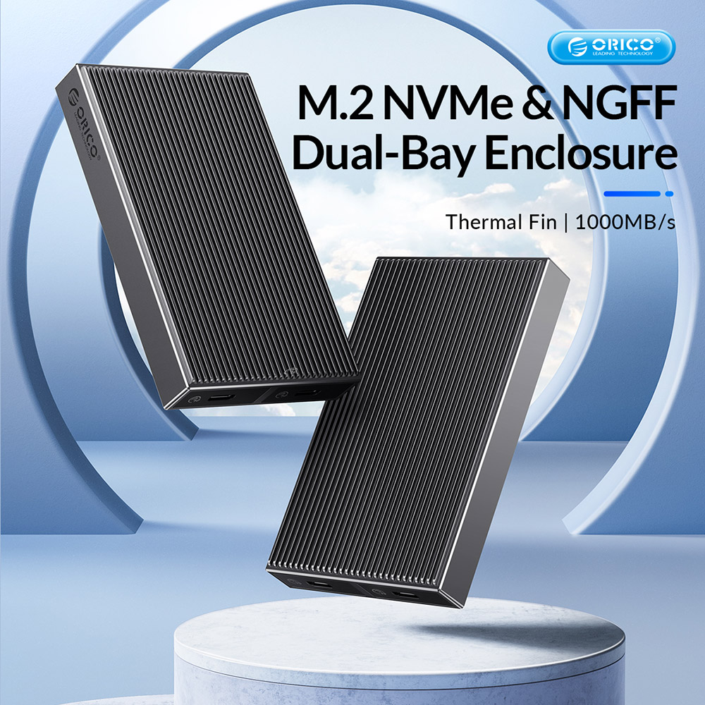 ORICO-BM2C3-2N-GY-BP Tool Free Aluminum Dual-bay M2 NVME*2 SSD Enclosure 10Gbps Solid State Drive Case