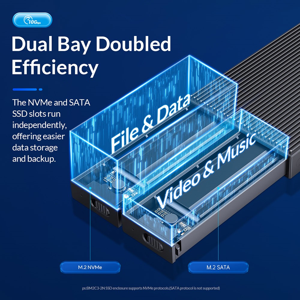 ORICO-BM2C3-2N-GY-BP Tool Free Aluminum Dual-bay M2 NVME*2 SSD Enclosure 10Gbps Solid State Drive Case