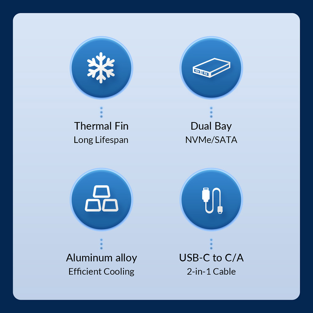 ORICO-BM2C3-2SN-GY-BP Tool Free Aluminum Dual-bay M2 NVME and SATA SSD Enclosure 10Gbps Solid State Drive Case