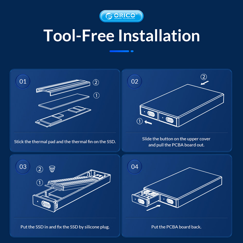 ORICO-BM2C3-2SN-GY-BP Tool Free Aluminum Dual-bay M2 NVME and SATA SSD Enclosure 10Gbps Solid State Drive Case