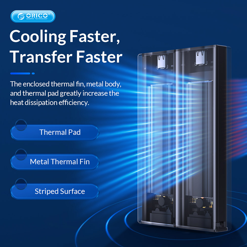 ORICO-BM2C3-2SN-GY-BP Tool Free Aluminum Dual-bay M2 NVME and SATA SSD Enclosure 10Gbps Solid State Drive Case