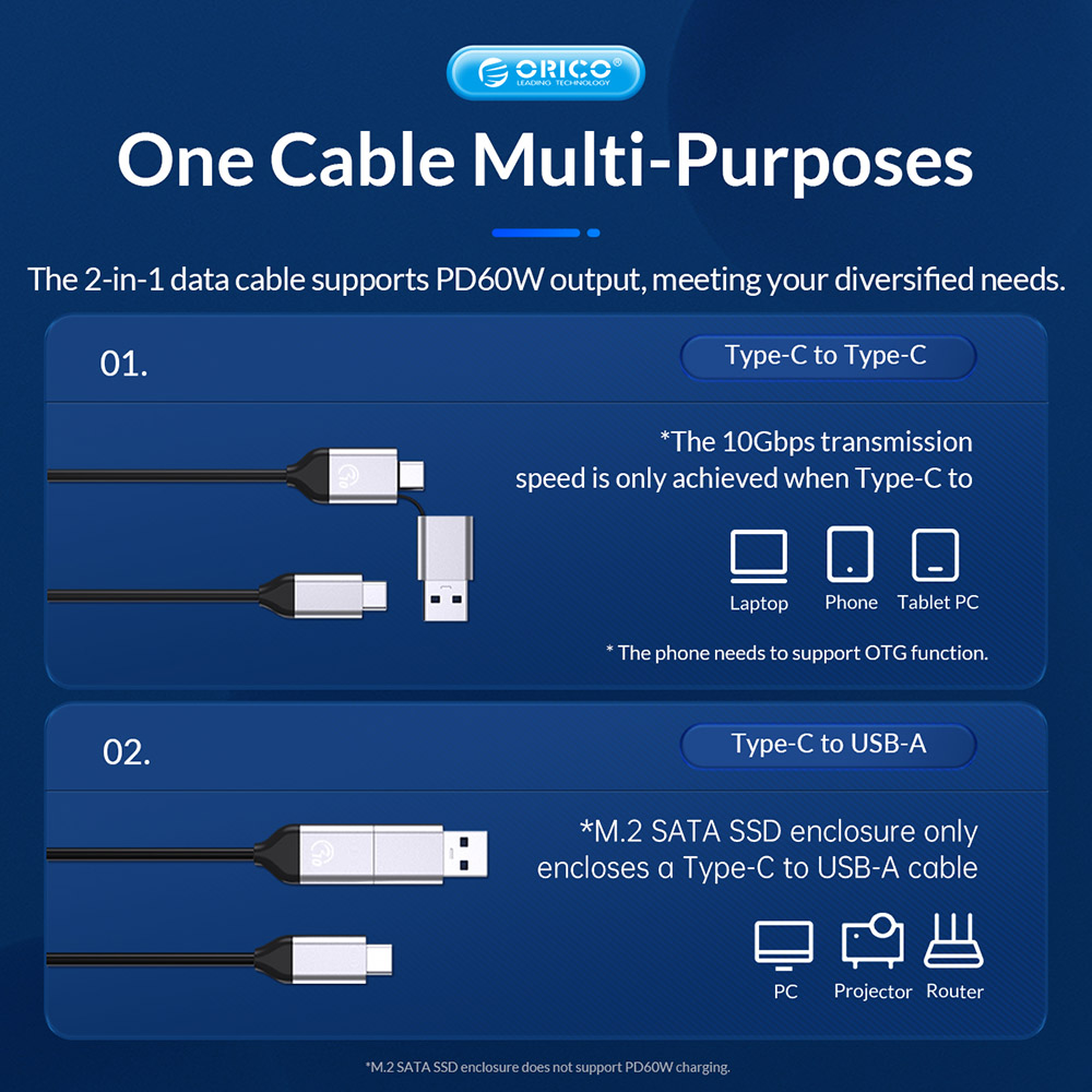 ORICO-BM2C3-2SN-GY-BP Tool Free Aluminum Dual-bay M2 NVME and SATA SSD Enclosure 10Gbps Solid State Drive Case