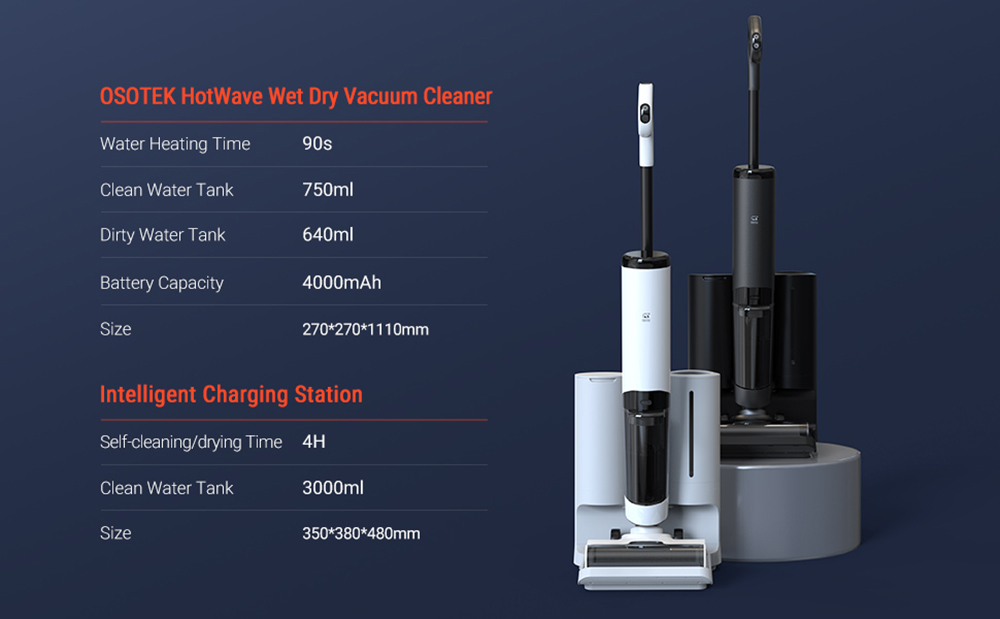 OSOTEK H100 Pro HotWave Handheld Wet Dry Vacuum Cleaner, Hot Water Mopping, Dual Self-Cleaning, Auto Refilling, 3L Water Tank, 35min Runtime - Black