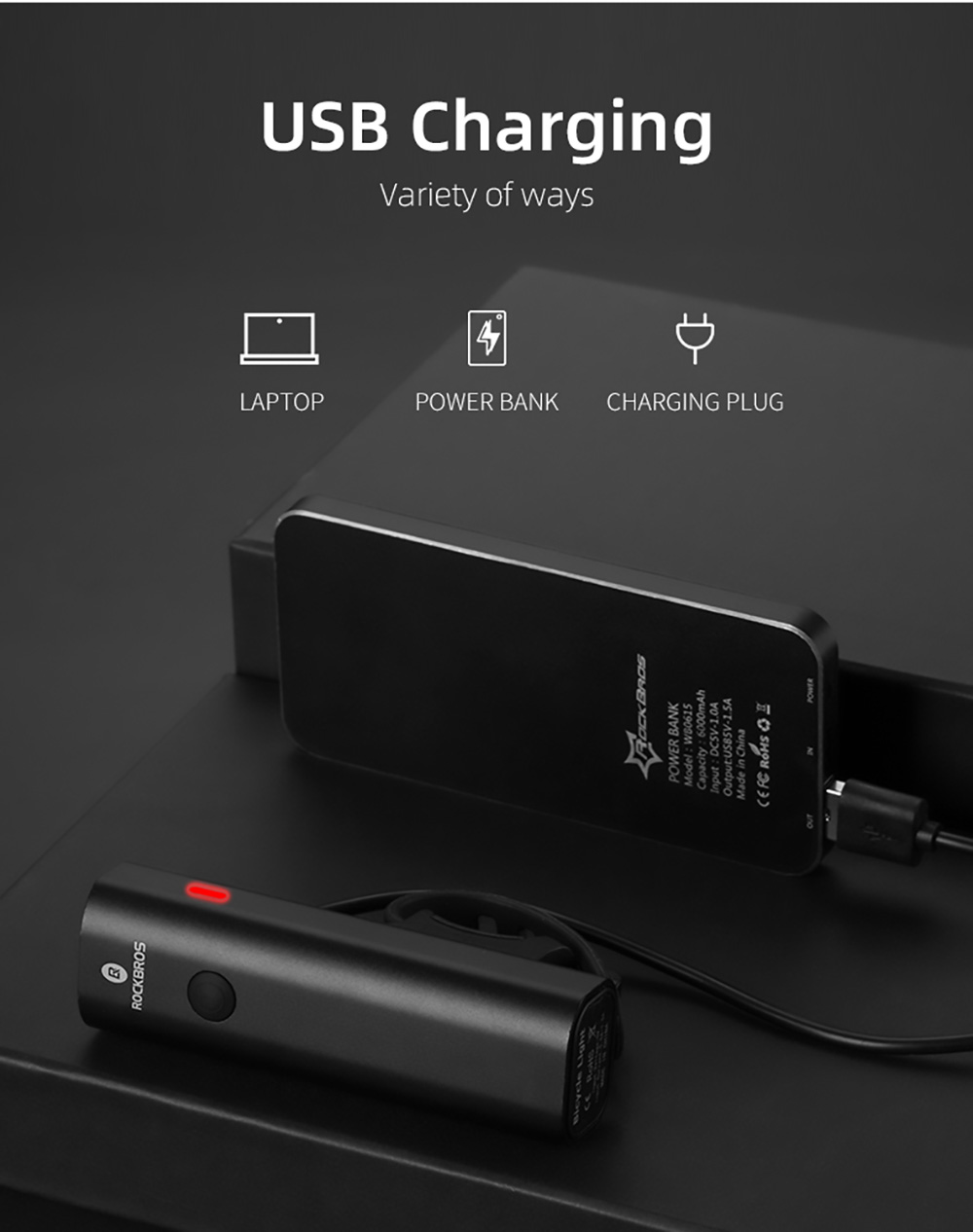 ROCKBROS Bicycle Light 600 Lumen 2600mAh Bike Headlight 5 Lightning Modes 200m Long Shot - Black and Blue Gradient