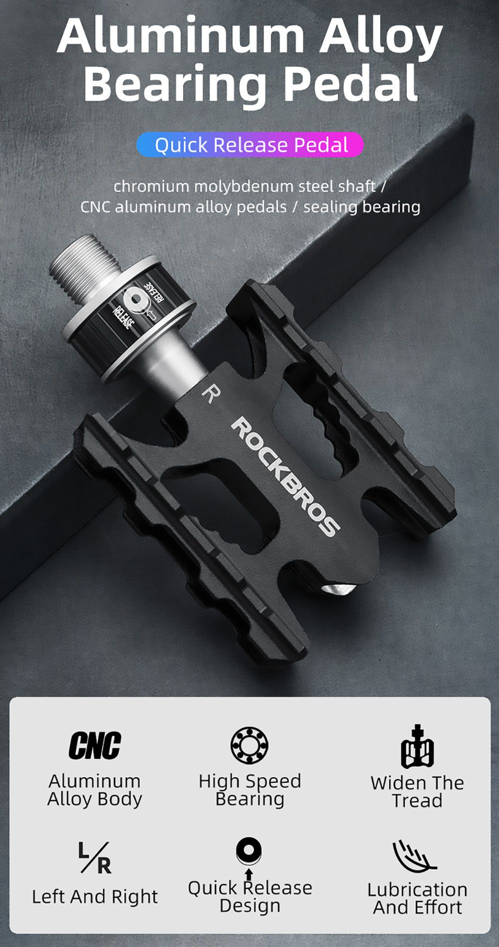 ROCKBROS Bicycle Pedals Quick Release CNC Rainproof Seal Bearing 6.1cm Widened Non-slip Chrome Molybdenum Bike Pedal 8 ROCKBROS Bicycle Pedals Quick Release CNC Rainproof Seal Bearing 6.1cm Widened Non-slip Chrome Molybdenum Bike Pedal