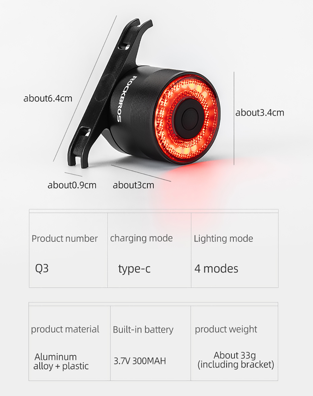 ROCKBROS Q3 Bike Taillight Smart Sensing Brake Rear Light USB Charging for Night Cycling Colorful Bicycle Light