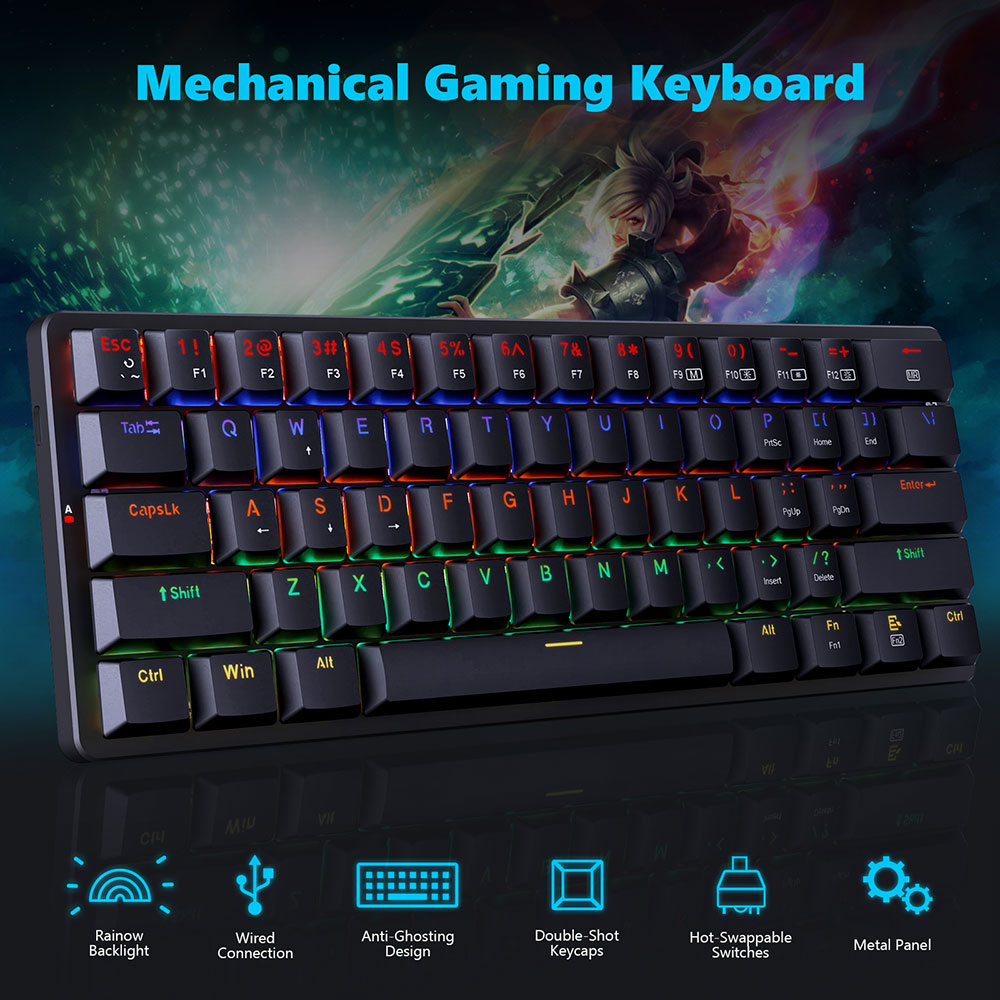 Redragon K615-R Elise Wired Rabinbow LED Backlight Mechanical Keyboard, Ultra-Thin 61 Keys Blue Switch - Black