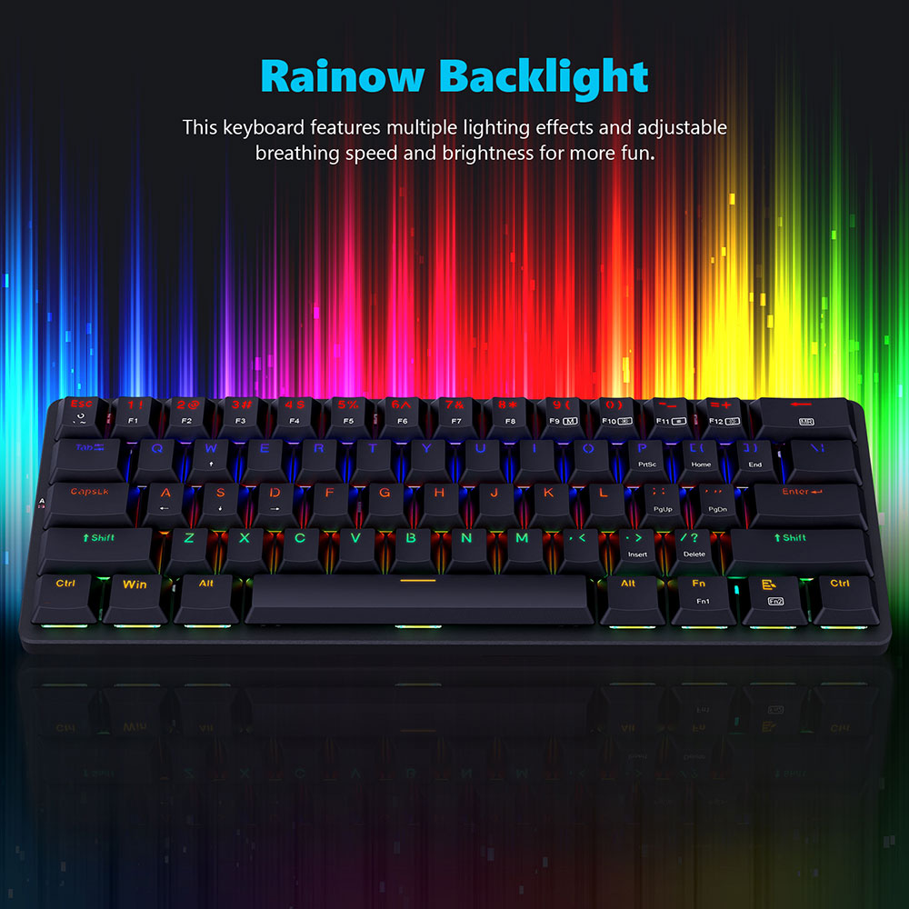 Redragon K615-R Elise Wired Rabinbow LED Backlight Mechanical Keyboard, Ultra-Thin 61 Keys Blue Switch - Black