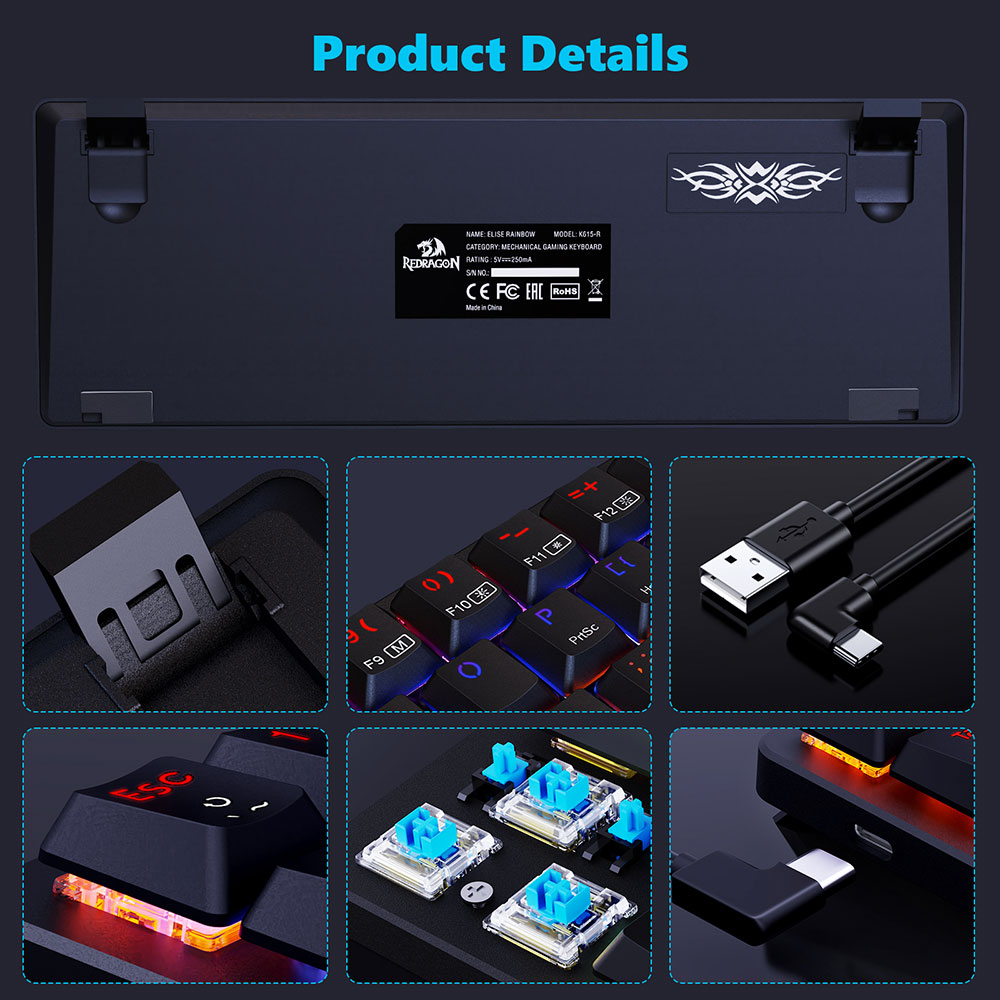 Redragon K615-R Elise Wired Rabinbow LED Backlight Mechanical Keyboard, Ultra-Thin 61 Keys Blue Switch - Black