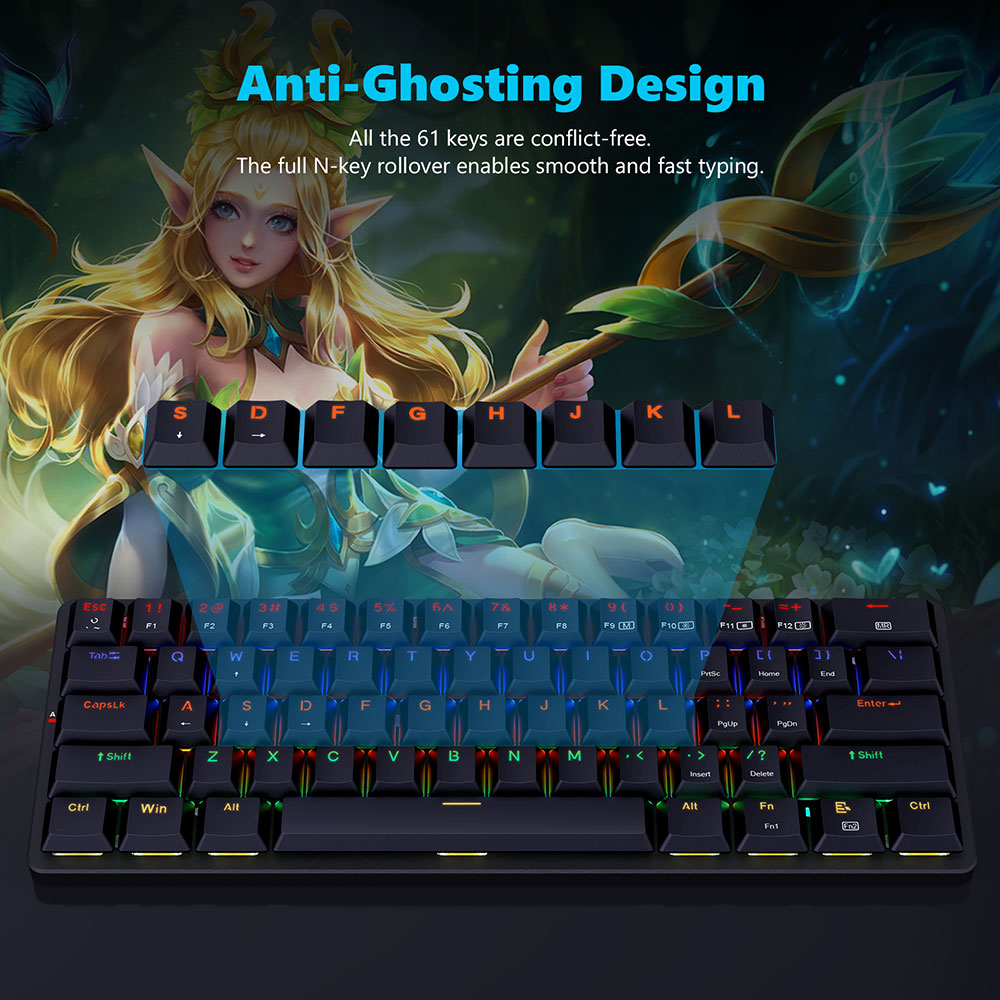 Redragon K615-R Elise Wired Rabinbow LED Backlight Mechanical Keyboard, Ultra-Thin 61 Keys Blue Switch - Black