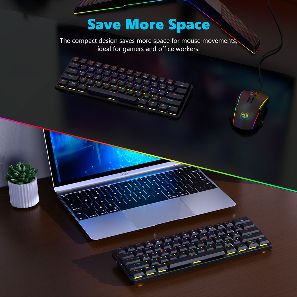 Redragon K615-R Elise Wired Rabinbow LED Backlight Mechanical Keyboard, Ultra-Thin 61 Keys Blue Switch - Black