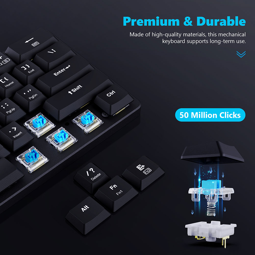 Redragon K615-R Elise Wired Rabinbow LED Backlight Mechanical Keyboard, Ultra-Thin 61 Keys Blue Switch - Black