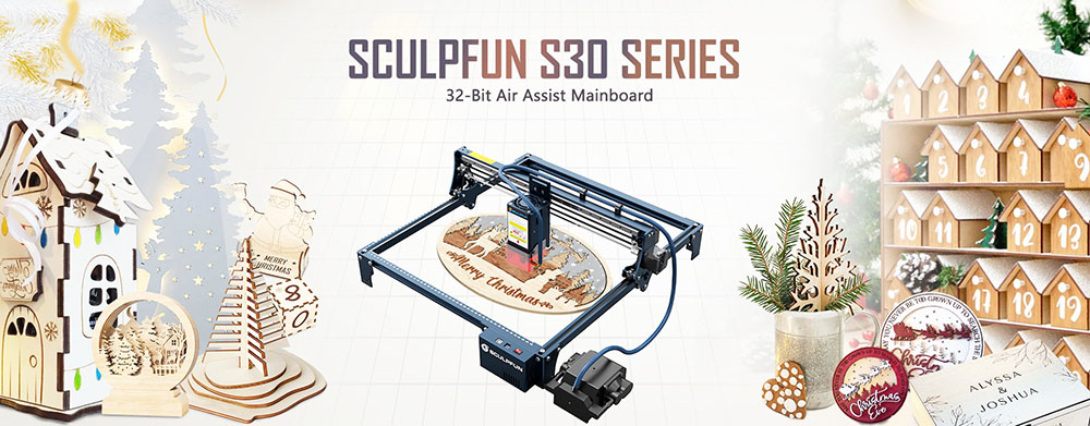 SCULPFUN S30 5W Laser Engraver Cutter, Automatic Air-assist, 0.06x0.06mm Laser Focus, 32-bit Motherboard, Replaceable Lens, 410x400mm, Expandable 935x905mm