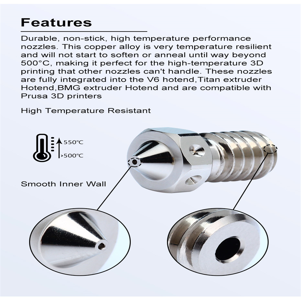 Trianglelab E-V6 0.6mm Plated Copper Nozzle with M6 Thread for 3D Printers V6 Hotend