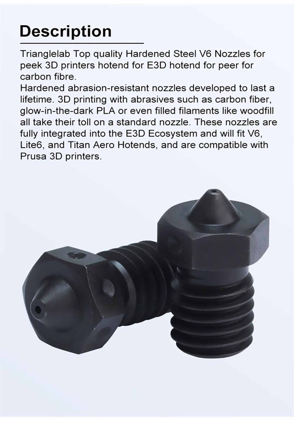 Trianglelab E3D V6 0.25mm Hardened Steel Nozzles, Printing PEI/PEEK/Carbon Fiber Filament, for V6 Hotend