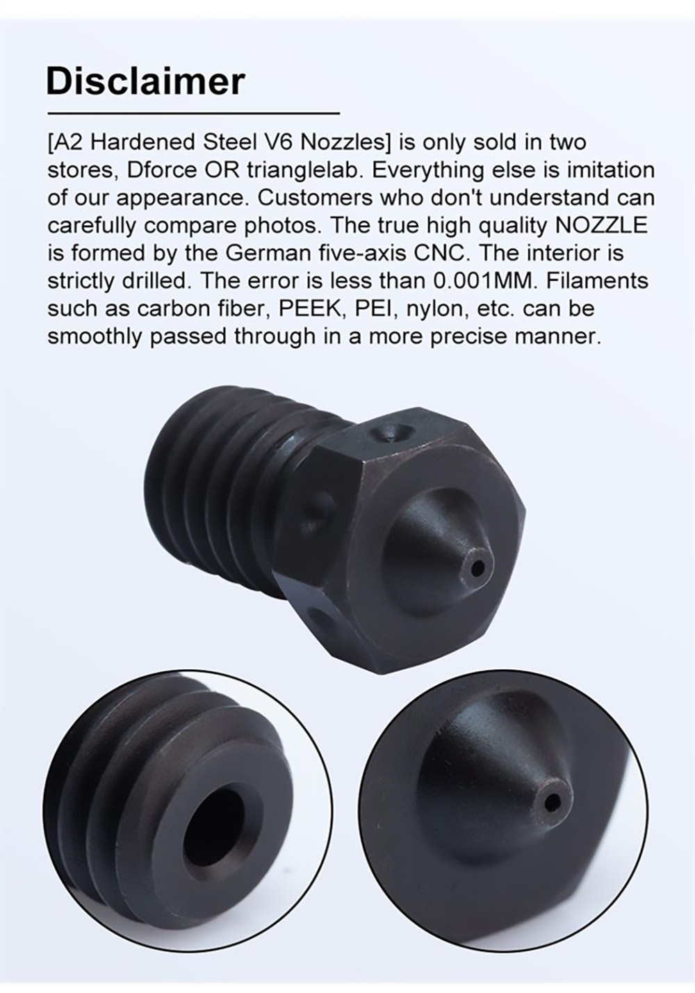 Trianglelab E3D V6 0.6mm Hardened Steel Nozzles, Printing PEI/PEEK/Carbon Fiber Filament, for V6 Hotend