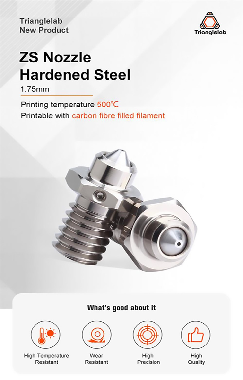 Trianglelab M6 ZS 0.6mm Nozzle, Hardened Steel Copper Alloy, High Temperature Resistant, for V6 Hotend 3D Printer