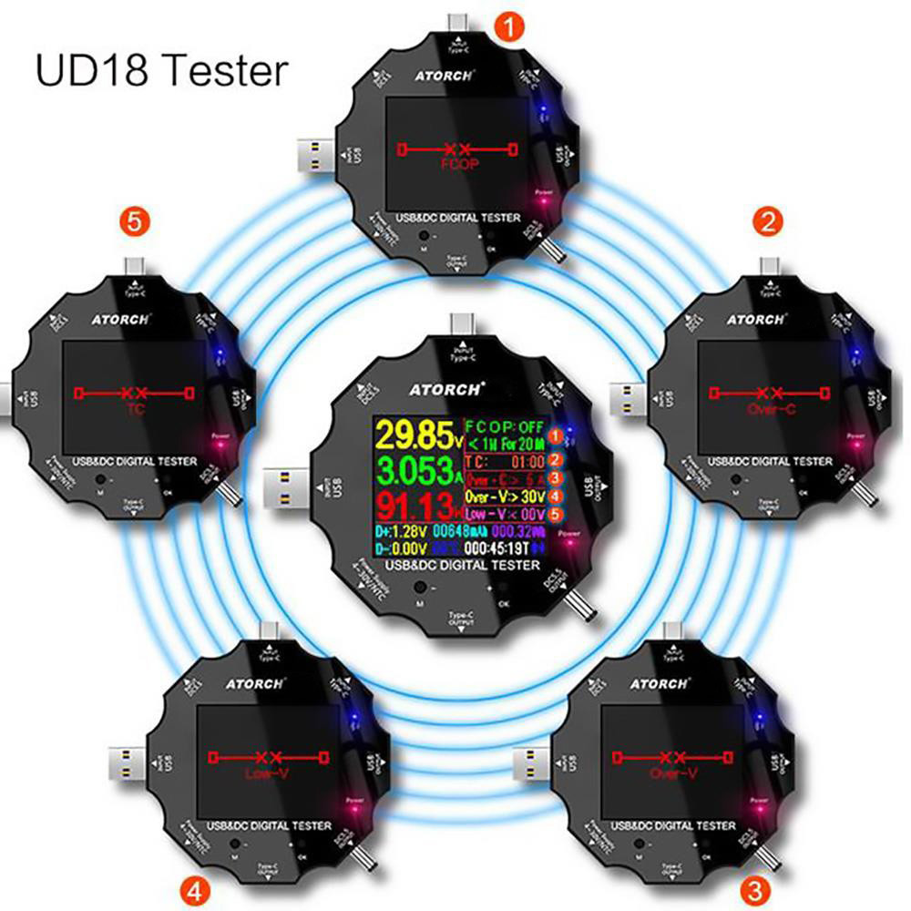 ATORCH UD18 Mobile Phone Charging Detector, USB3.0 DC Type-C Tester, Bluetooth Digital Voltmeter Ammeter, HD Color Screen - Black