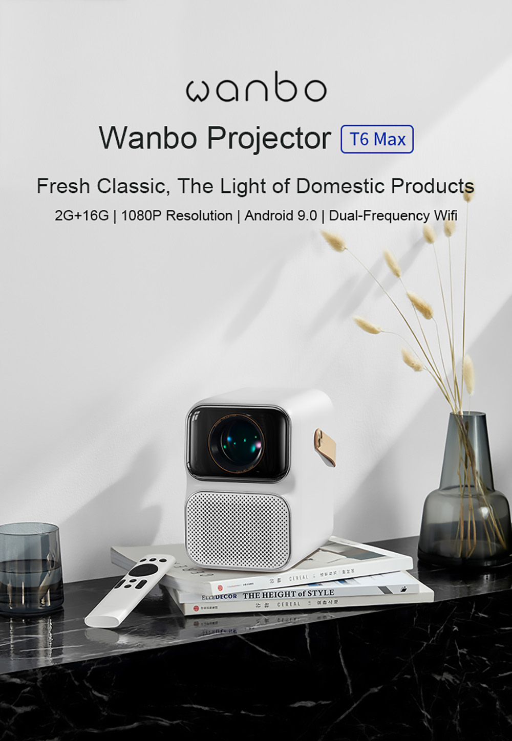 XIAOMI Wanbo T6 MAX Mini Projector 1080P HD HDR 550ANSI Smart Projector Electric Focusing EU Plug - White